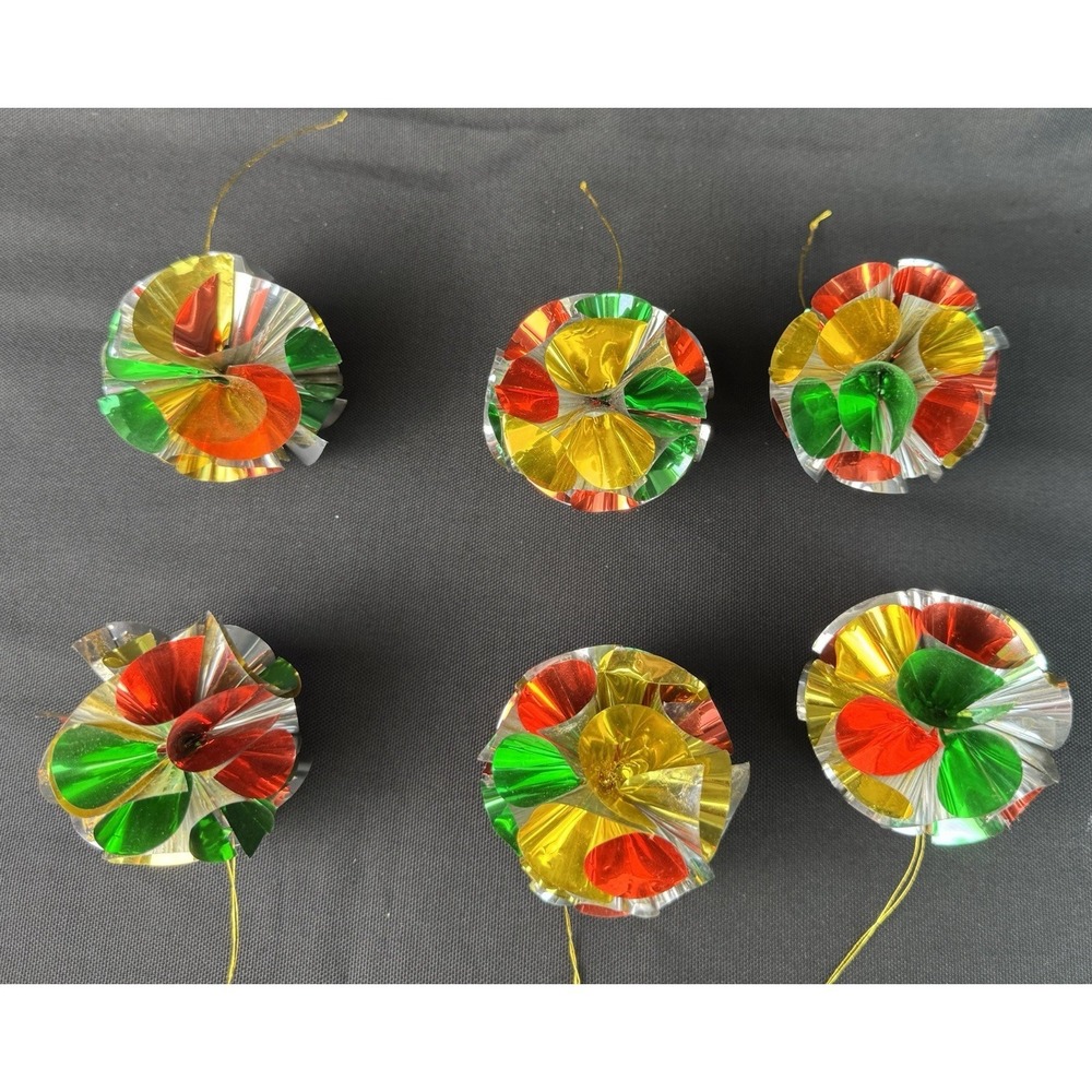 Lot Of 6 Retro Foil Pom Pom Christmas Kitchy Atomic Style